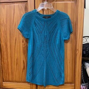 Fever Teal Openwork Short Sleeve Knit Top